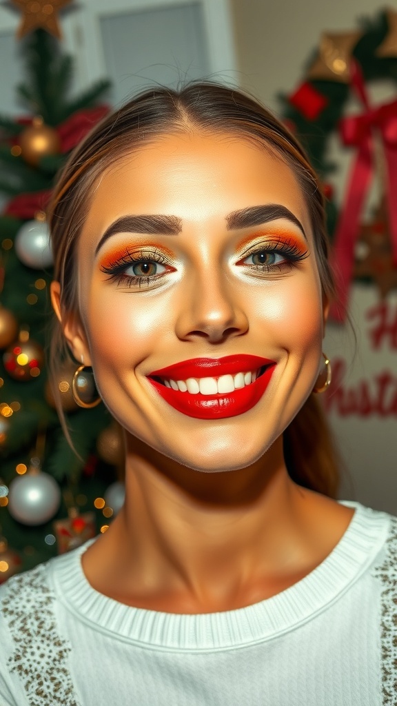 A glamorous Christmas party makeup look with gold eyeshadow and red lipstick, set against a festive backdrop.